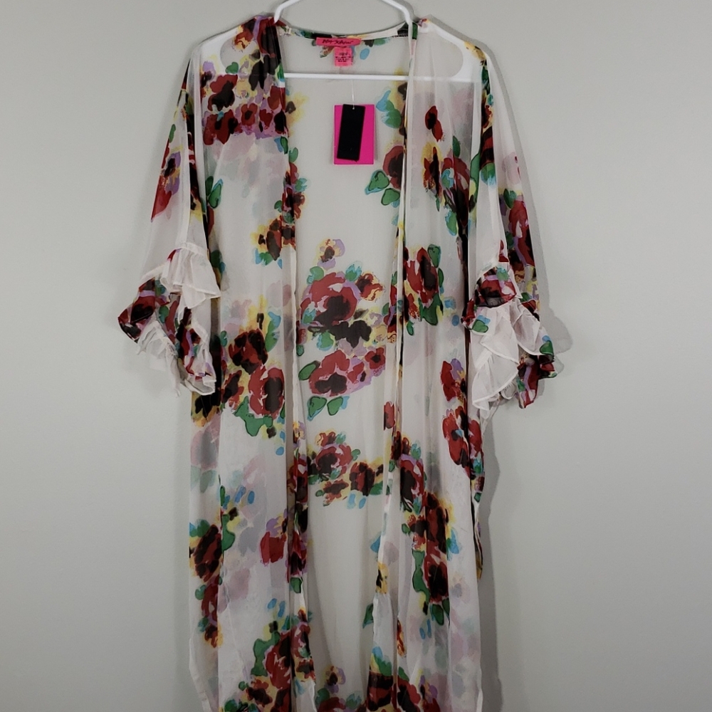 NWT Betsey Johnson OSFM White Floral Sheer Kimono - Picture 3 of 9